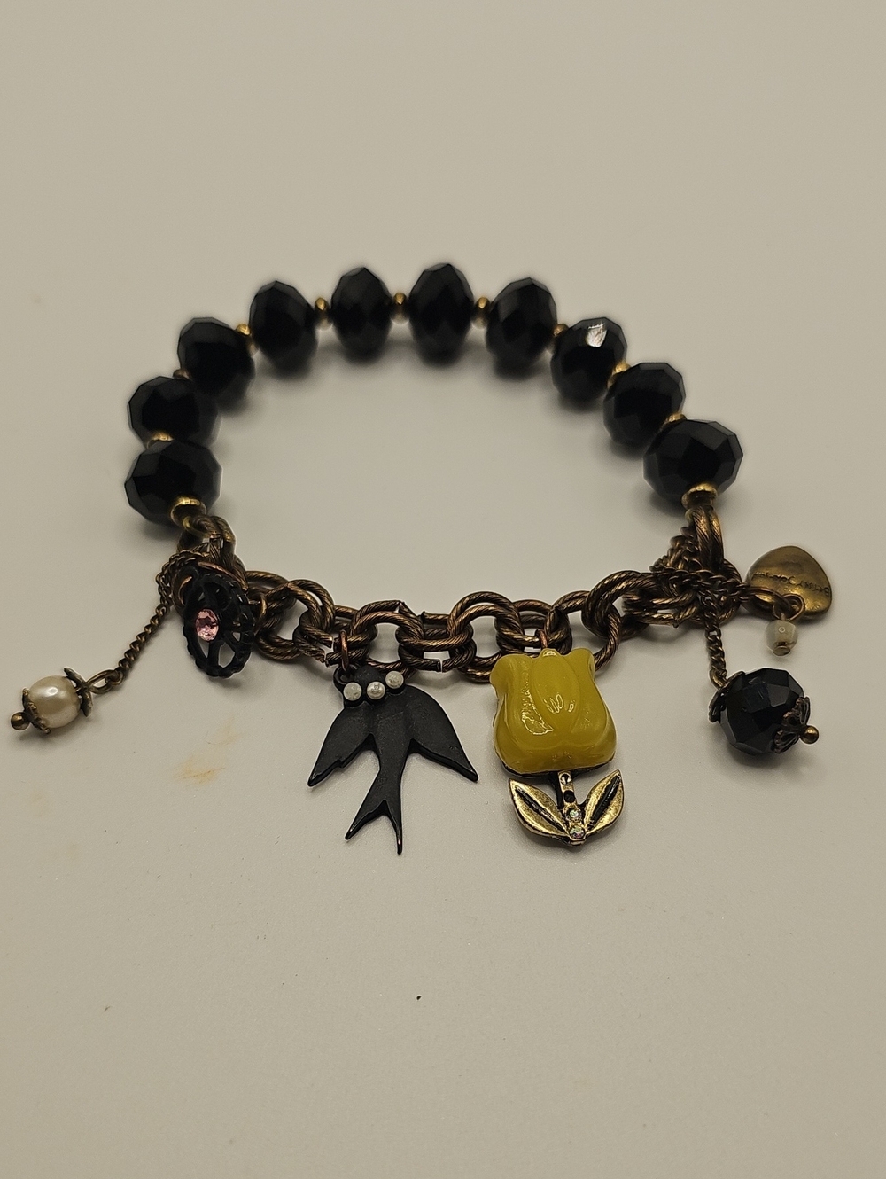 Vintage Betsey Jojnson Black Beaded Charm Bracelet with Yellow Tulip Accent